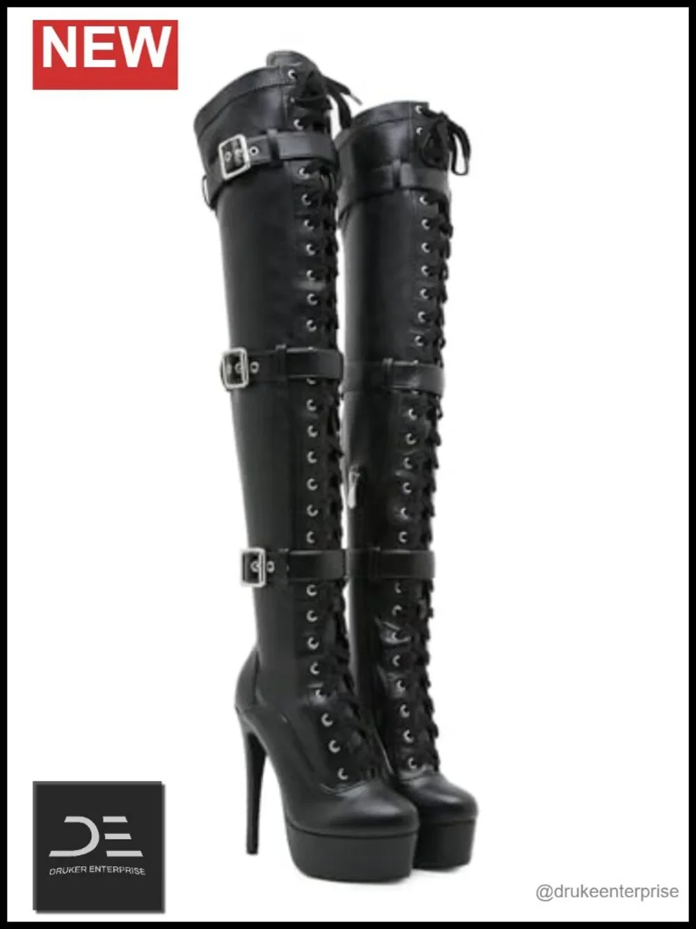 Women Over The Knee Platform Boots High Heel Stretch PU Leather Rear Zip Lace Up